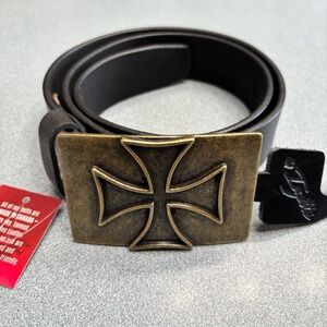 Izette NWT Black Leather Belt with Rectangular Iron Cross Buckle, Medium